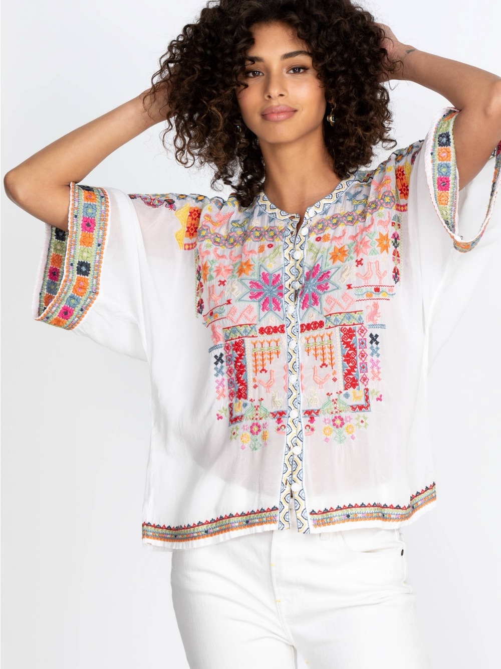 Johnny Was Xylia Blouse White Multicolor Embroidered Cupra Rayon M